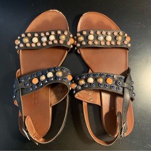 Jeweled black flat two strap sandal